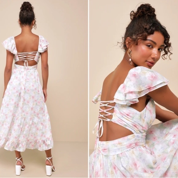 LULU's Prom Wedding Flowy Romantic Floral Ruffle Corset Tie Back Midi Dress NWOT - Picture 4 of 4